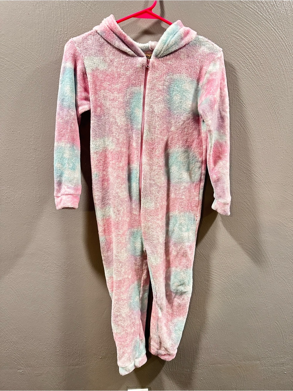 Bobbie Brooks Pink and Blue Tie-Dye Plush Hooded Zip Pajama One-Piece
